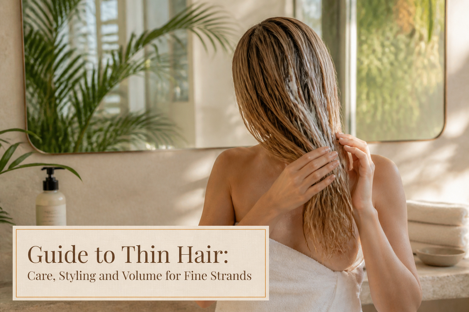 A sleek bathroom countertop with volumizing shampoo, conditioner, and a wide-toothed comb.