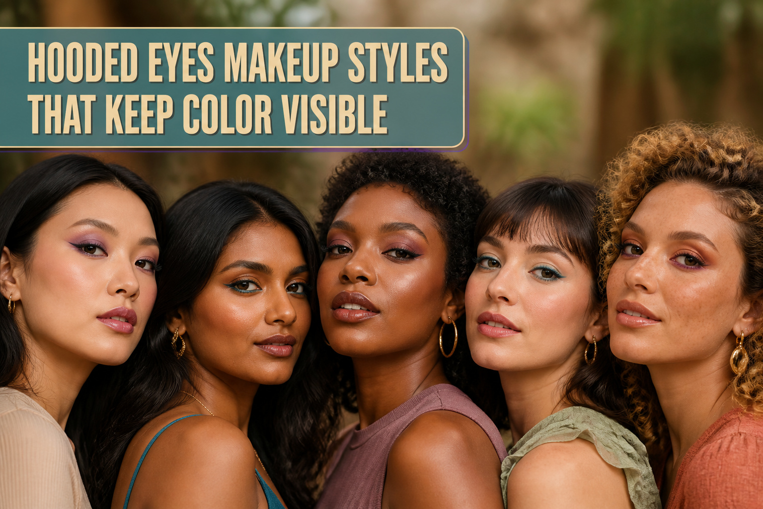 Various makeup styles for hooded eyes displayed in a colorful arrangement.