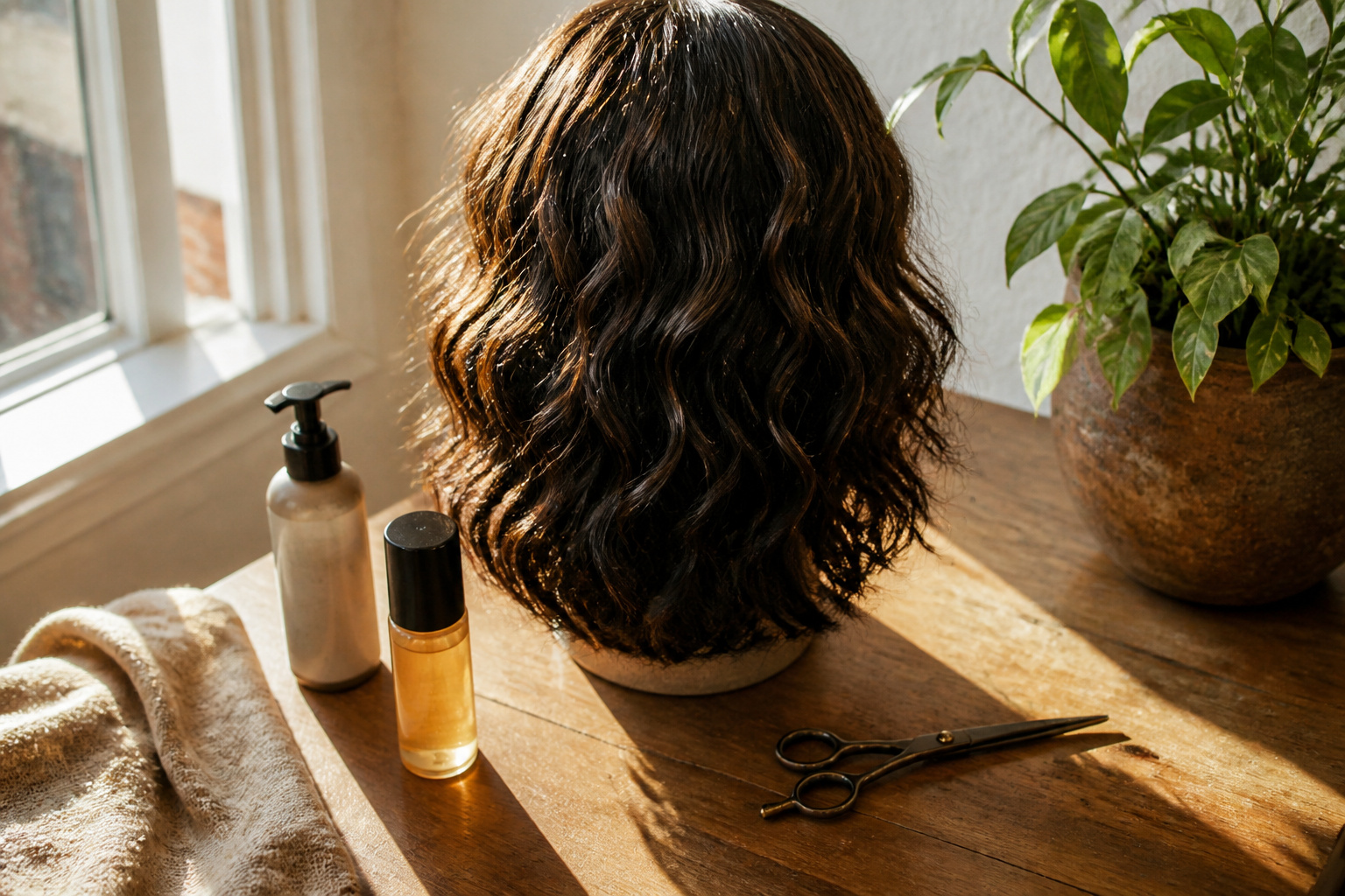 Stylist applying waving solution to a client's hair in a modern salon.