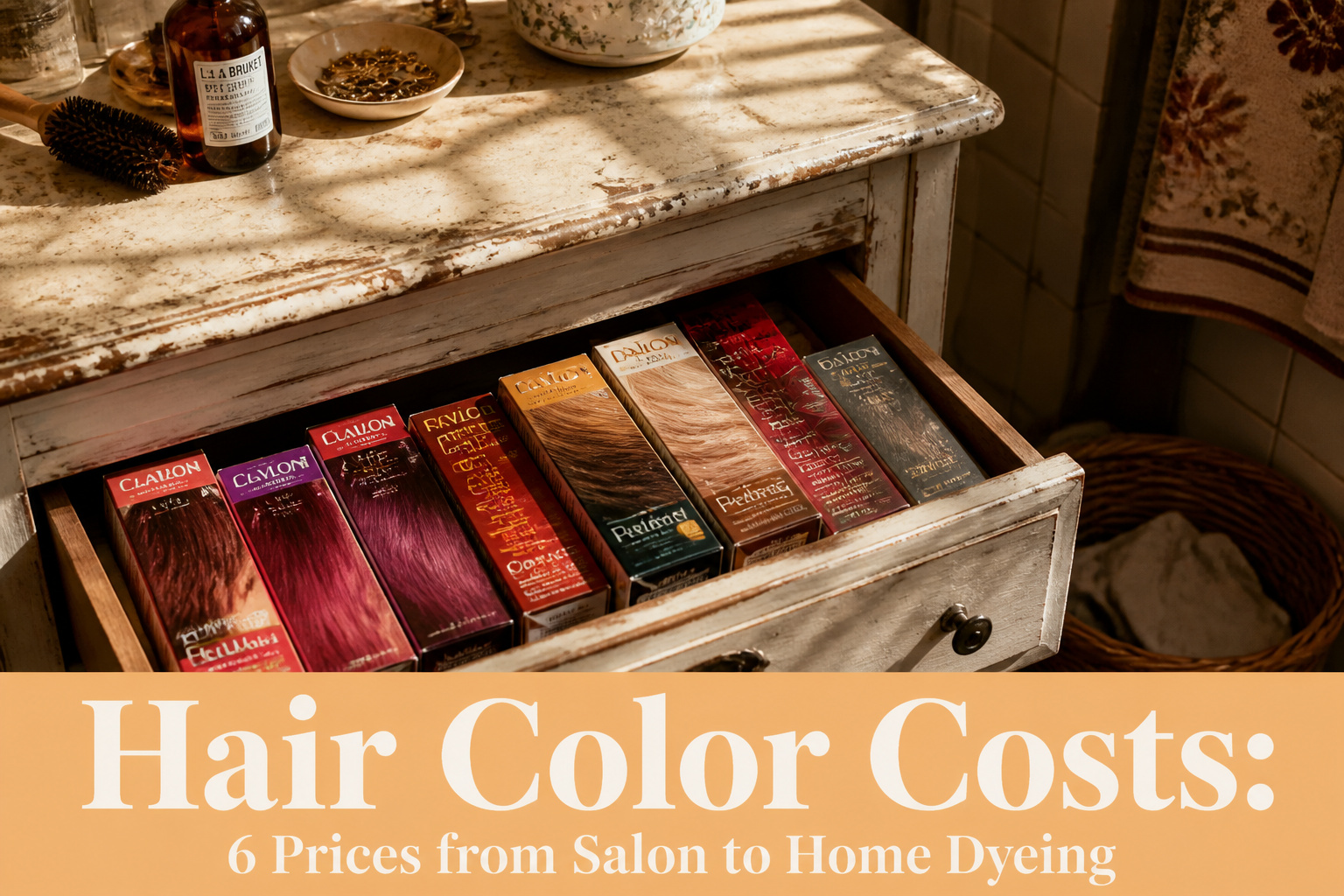 A variety of hair dye products and tools displayed on a table.