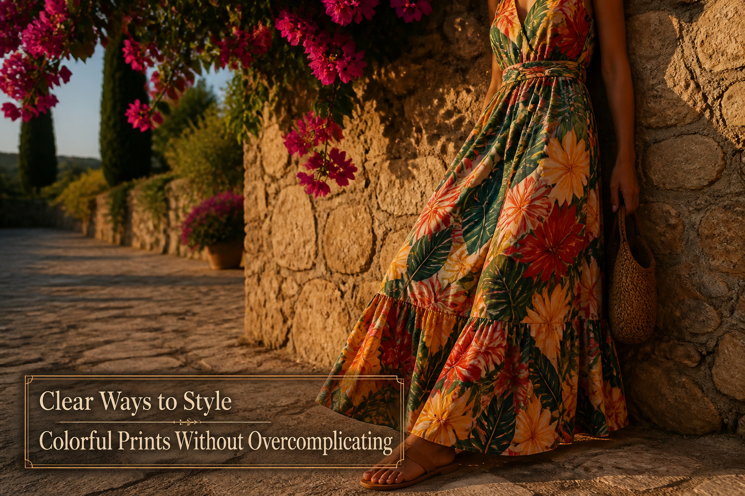 A model wearing a colorful printed outfit in a stylish setting.