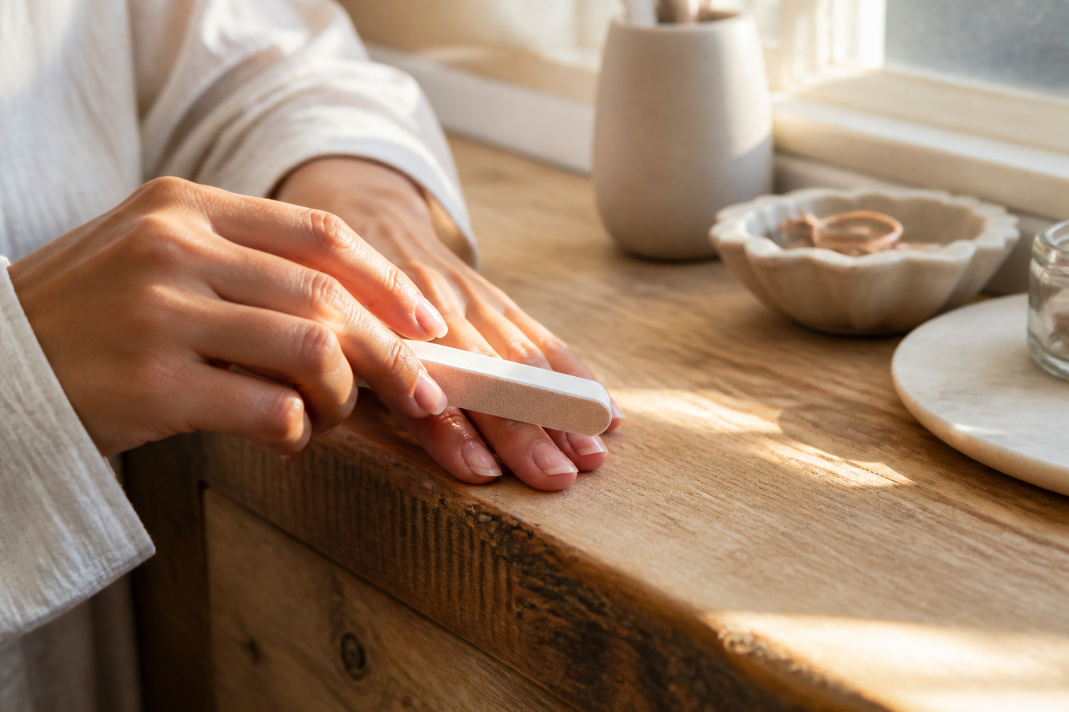 A hand holding a nail buffer against a polished nail.
