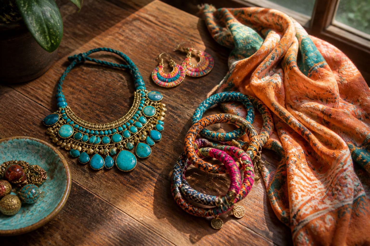 A vibrant outfit with various colorful accessories.