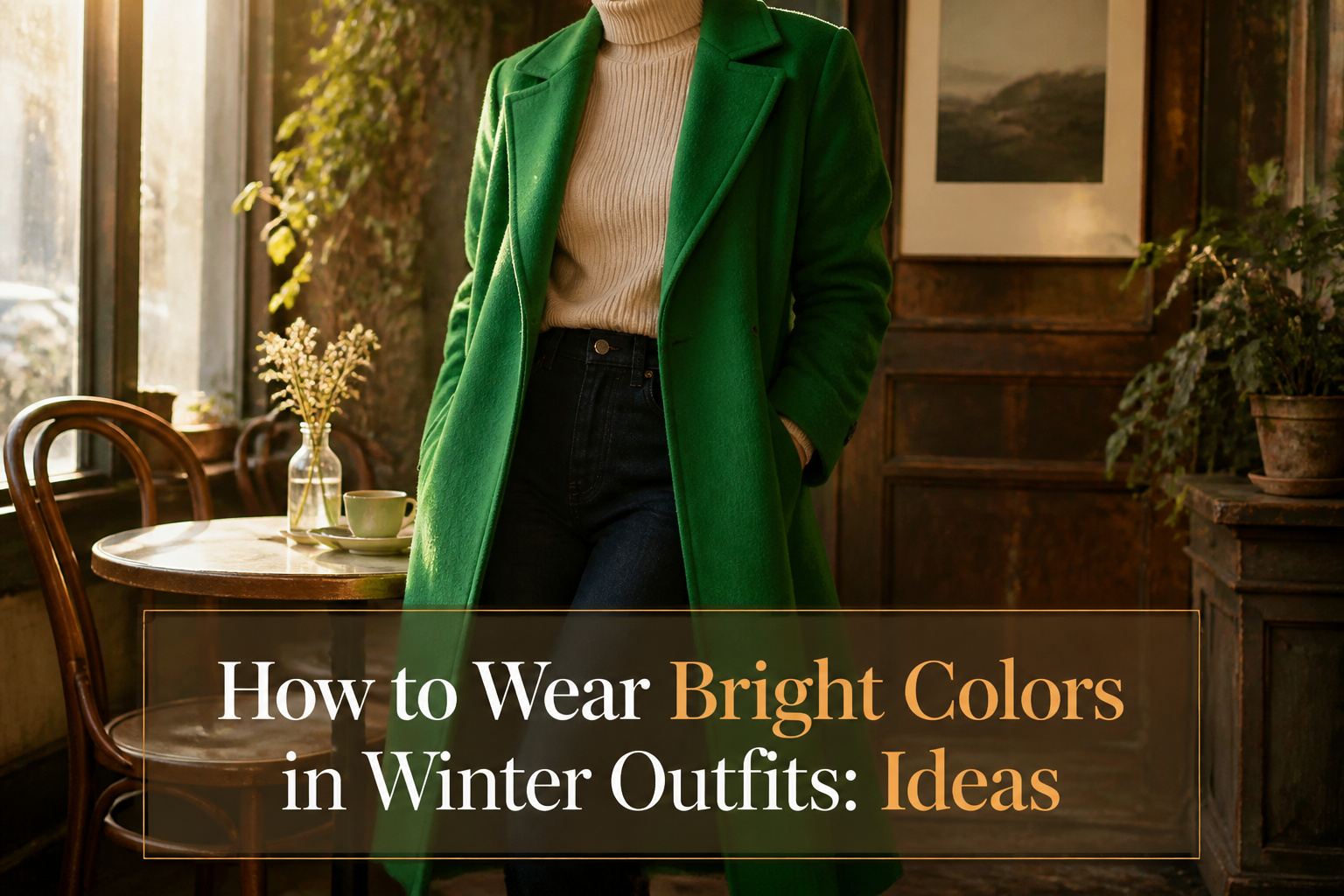 A winter outfit featuring bright colors against a snowy backdrop.