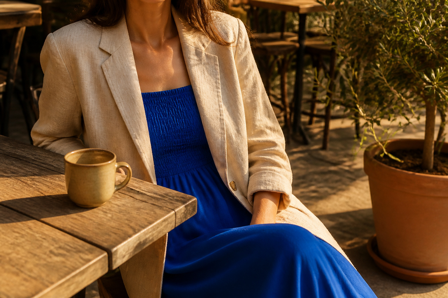 Model wearing a mix of neutral and bright clothing in a fashion setting.