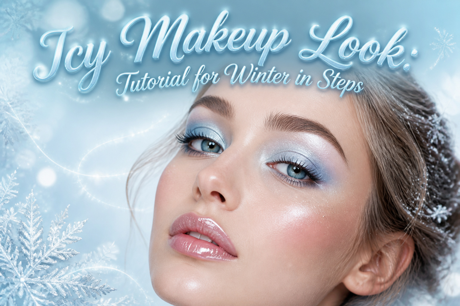 Model with icy makeup featuring frosty eyeshadow and glossy lips.