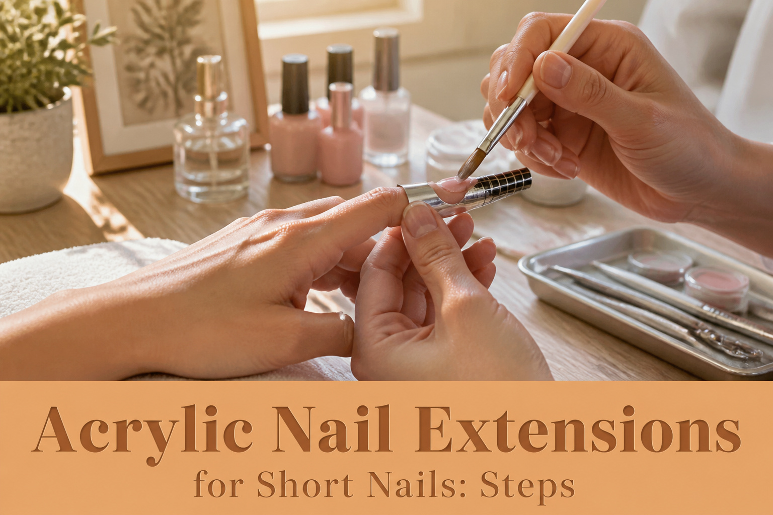Acrylic nail extensions on short nails displayed in a stylish beauty setting.