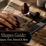 Nail shapes including almond, coffin, and stiletto in a salon setting.