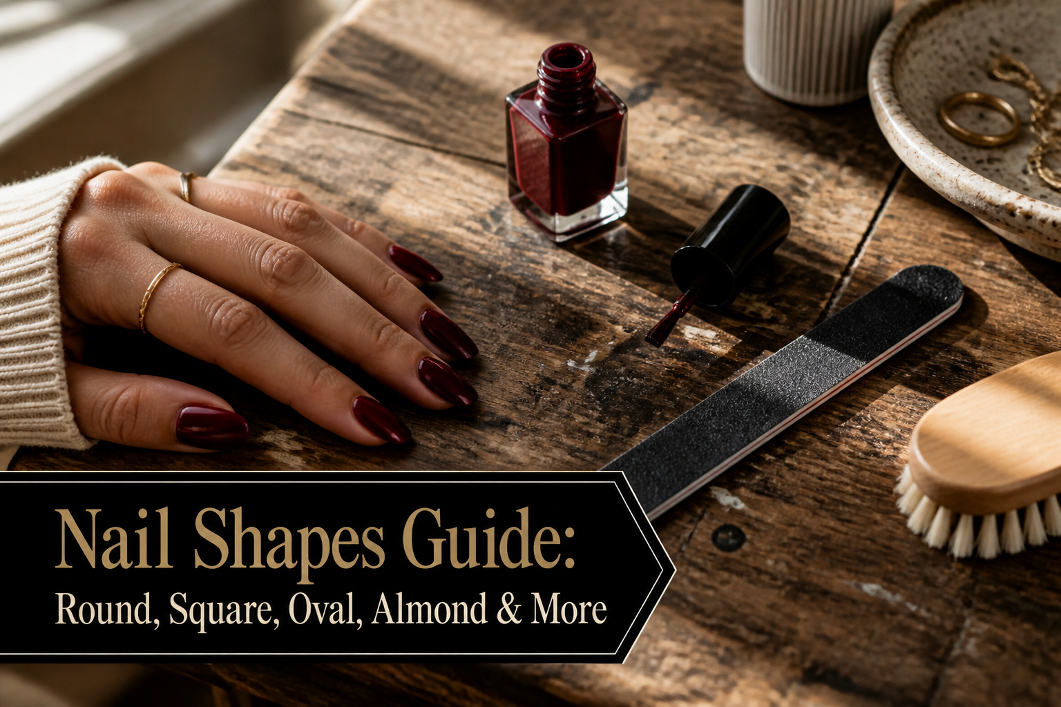Nail shapes including almond, coffin, and stiletto in a salon setting.