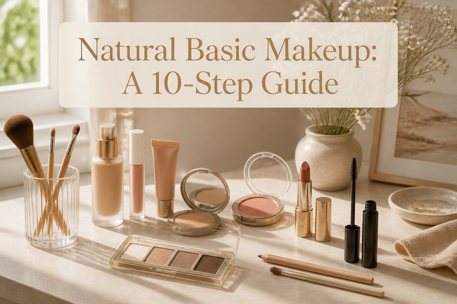 Assortment of makeup products for a natural look on a countertop.