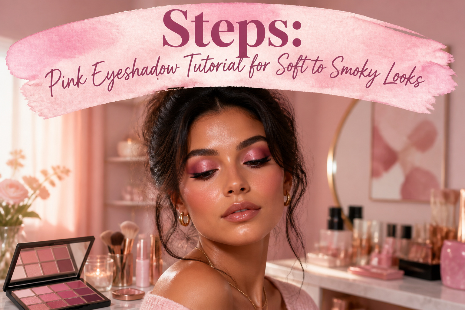 Model showcasing a pink eyeshadow look with soft and smoky styles.