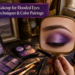 Model showcasing various purple makeup styles for hooded eyes.
