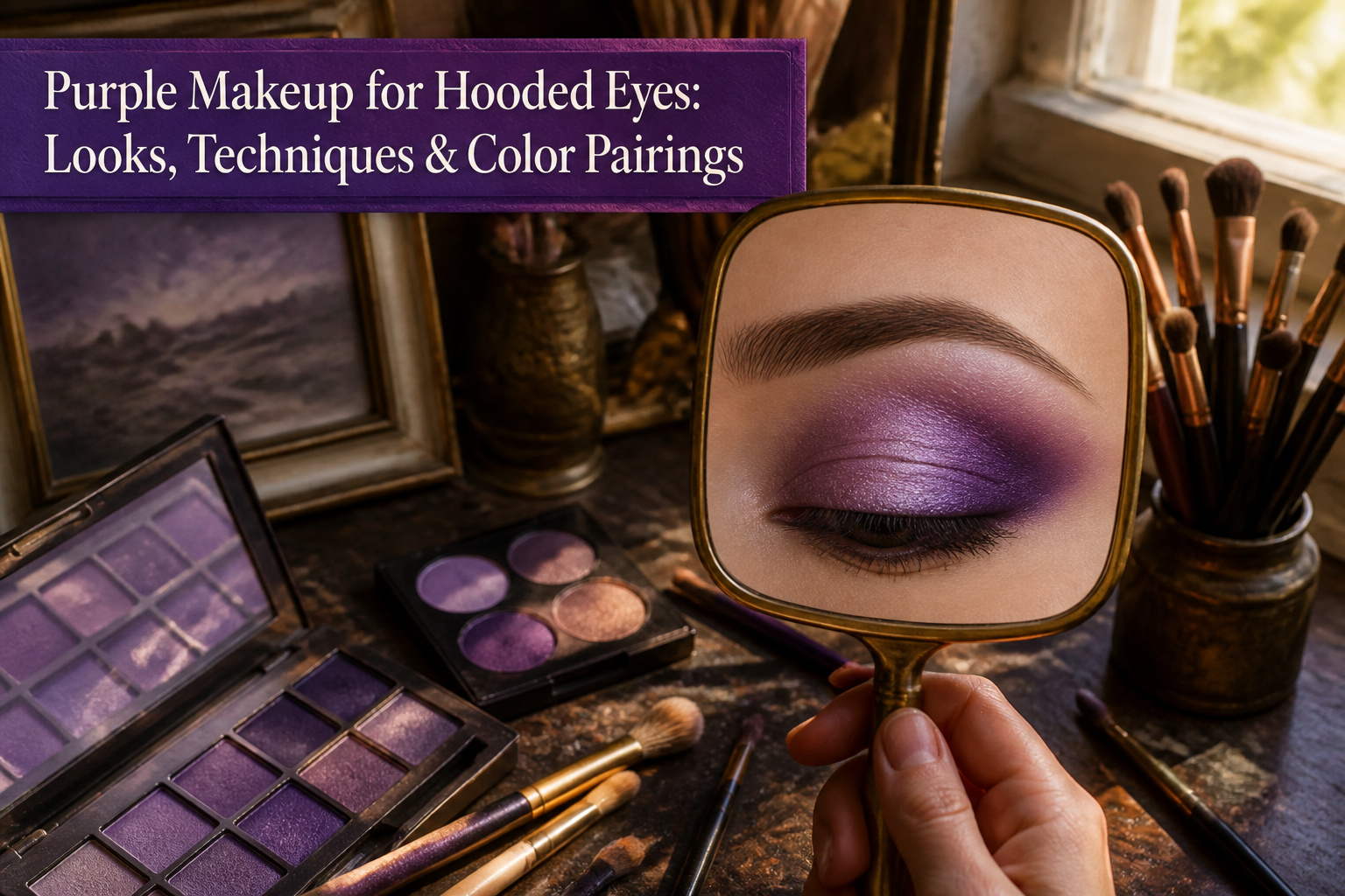 Model showcasing various purple makeup styles for hooded eyes.