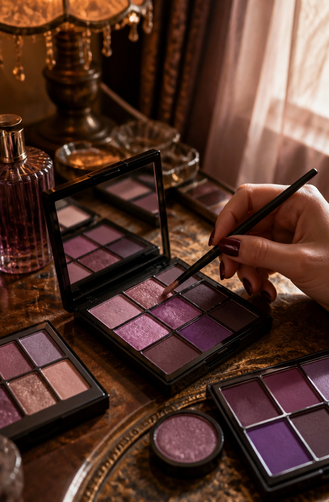 Ideas for Dark Green Eyeshadow: 8 Complementary Palettes 2026 2 Photo featuring purple eyeshadow palettes and a model applying makeup.