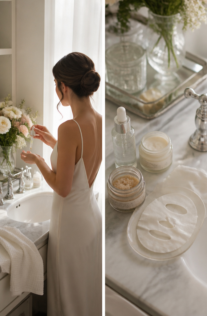 Natural Wedding Day Makeup: A 2026 Guide to Styles and Methods 2 Skin preparation products including exfoliants and moisturizers.