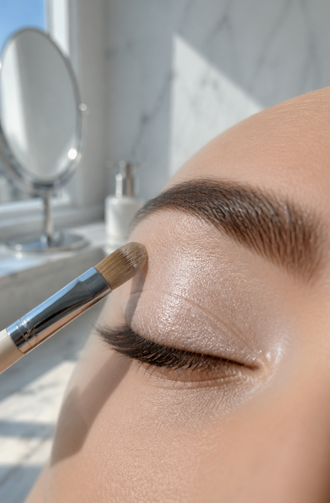 Icy Makeup Look: Tutorial for Winter 2026 in 7 Steps 2 Model's eyelid with cream primer reflecting light for a snowy effect.