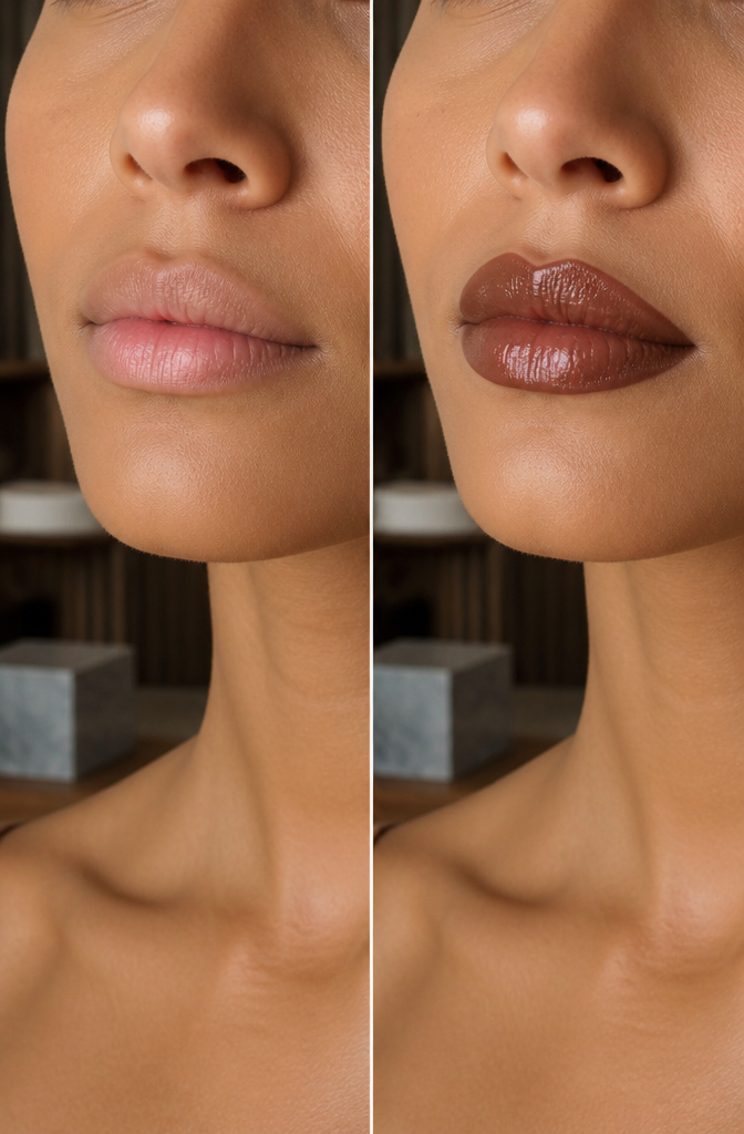 Makeup With No Lashes: A 2026 Guide to Full Looks 2 Close-up of a model's lips wearing brown lipstick.