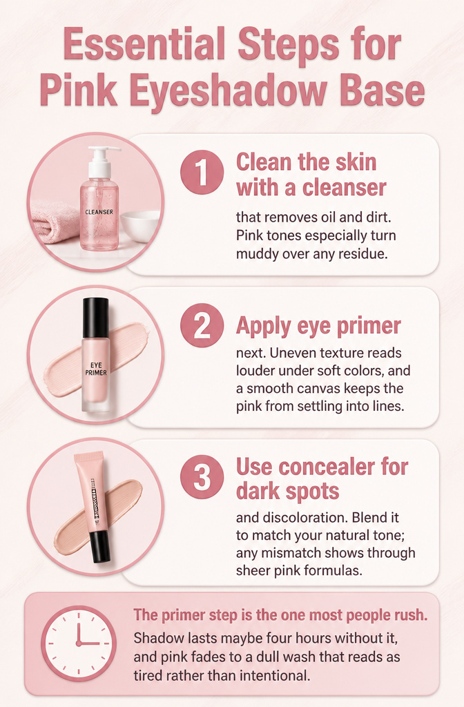 7 Steps: Pink Eyeshadow Tutorial for Soft to Smoky Looks (2026) 2 Information graphic detailing steps for a pink eyeshadow base.