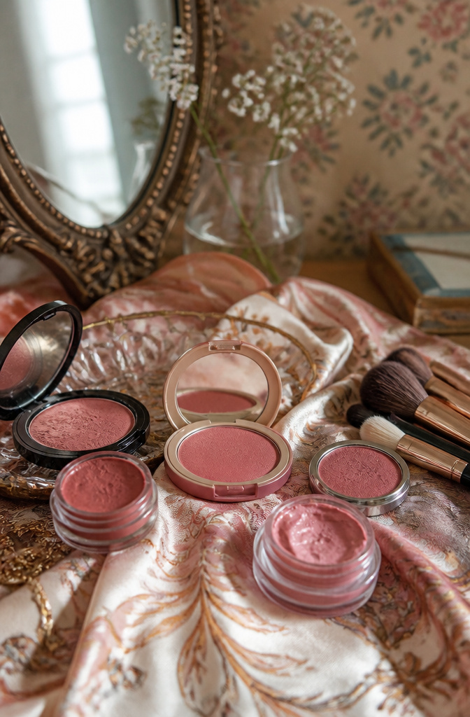 How to Do Easy Alt Makeup: 6 Steps for Alternative Looks in 2026 2 Close-up of blush products arranged on a decorative silk scarf.