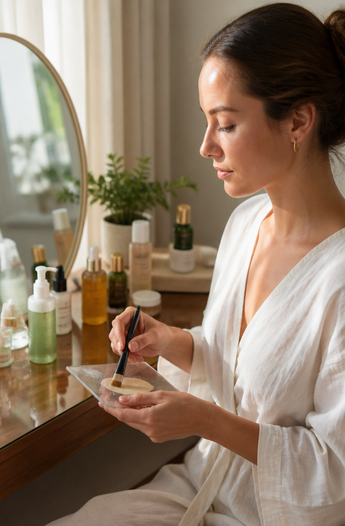 Artistic Make Up: A 10-Step Guide to Creative Application 2 Model holding a foundation brush near a palette on a vanity.