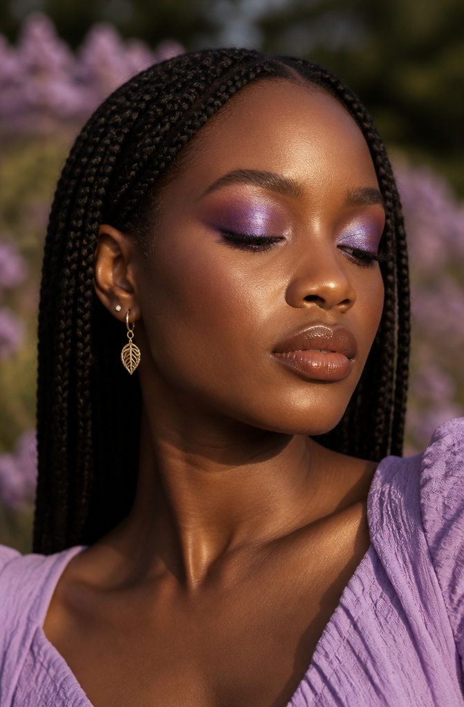 20 Black Makeup Looks for Every Mood and Moment 11 A model showcasing purple eyeshadow in a soft natural setting.