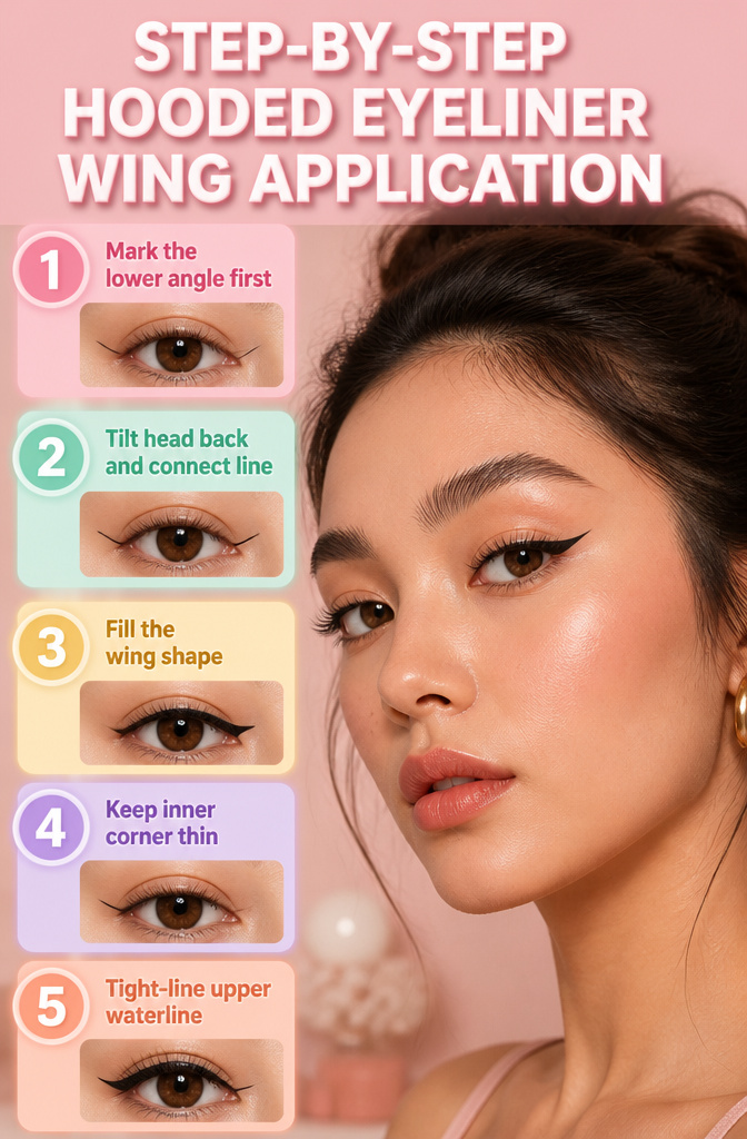 12 Hooded Eyes Makeup Styles That Keep Color Visible 11 Illustration of hooded eyeliner wing application technique.