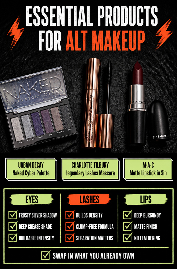 How to Do Easy Alt Makeup: 6 Steps for Alternative Looks in 2026 11 List of recommended makeup products for alternative looks on a table.