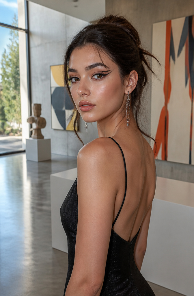 Unique Prom Makeup: 10 Looks for the Night, From Soft Glam to Vintage and Beyond 11 A model with graphic eyeliner and minimal makeup in an art gallery.