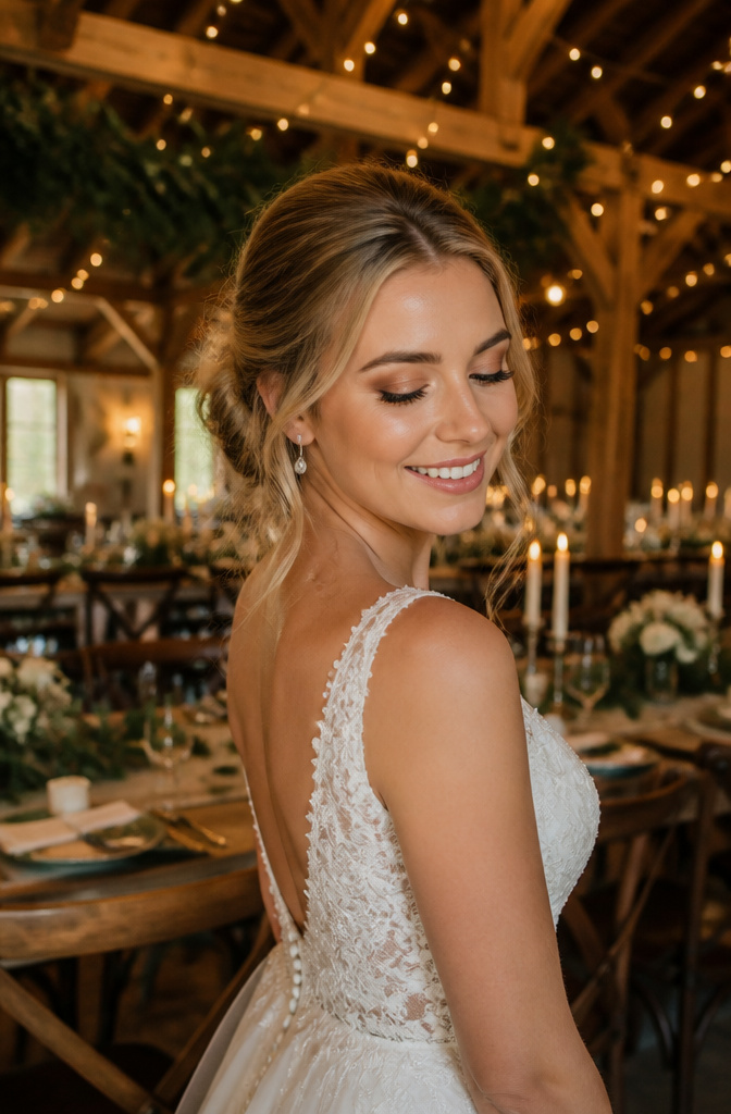 Natural Wedding Day Makeup: A 2026 Guide to Styles and Methods 11 Bride showcasing soft glam makeup with blended warm tones.