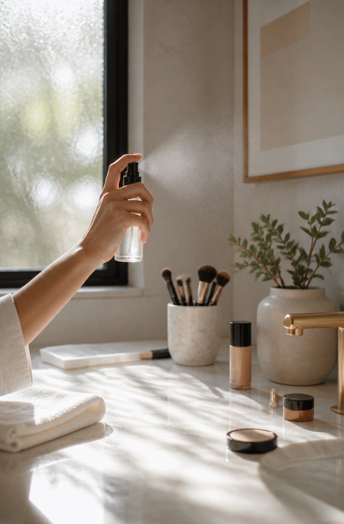 Natural Basic Makeup: A 10-Step Guide for 2026 11 Hand misting setting spray over a freshly applied makeup face.