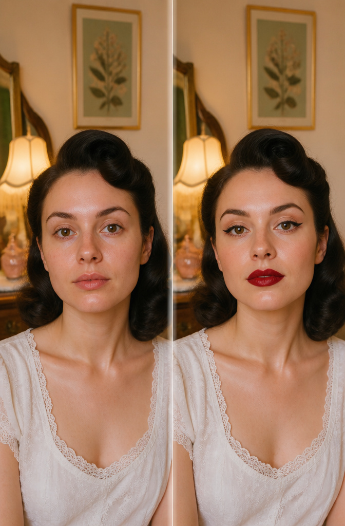 16 Cool Makeup Designs for 2026: From Ocean Eyes to Soft Glam 12 Model with a perfect heart-shaped bow lip and vintage-inspired makeup.
