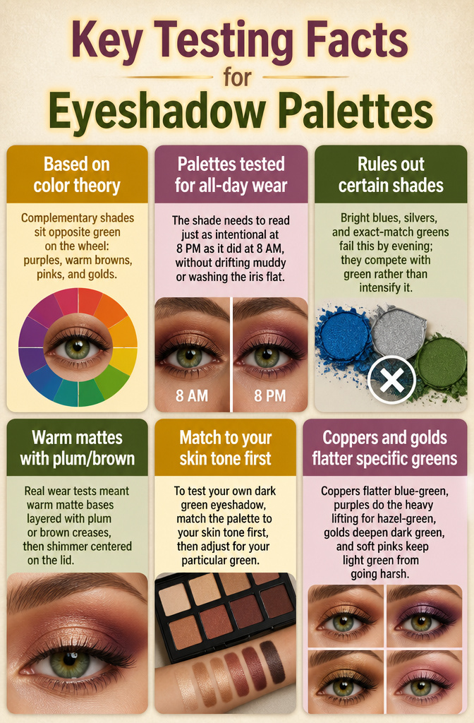 Ideas for Dark Green Eyeshadow: 8 Complementary Palettes 2026 12 Image showing key testing facts for eyeshadow palettes.