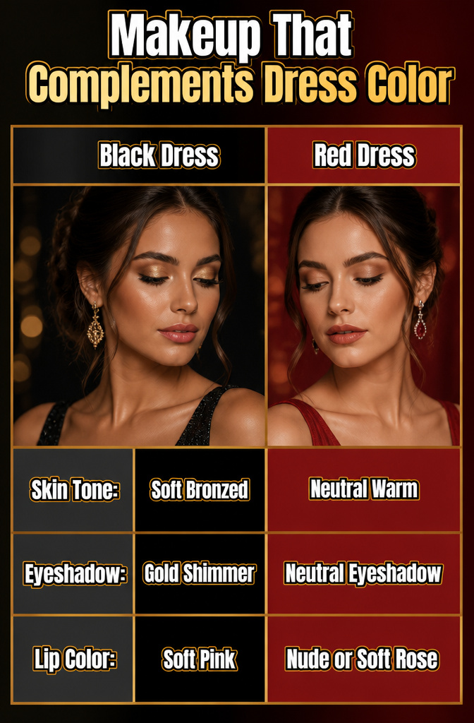 Unique Prom Makeup: 10 Looks for the Night, From Soft Glam to Vintage and Beyond 12 An illustration showing makeup tips for coordinating with dress colors.