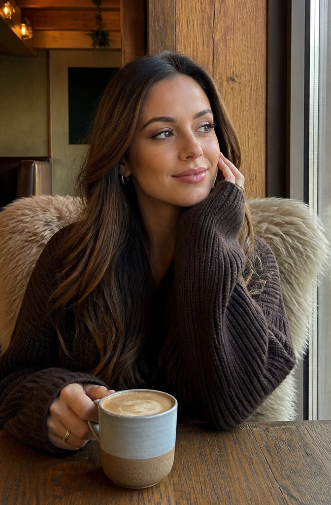 11 Fun Makeup Ideas for Brown Eyes in 2026 12 Model with beige and taupe eyeshadow in a café setting.