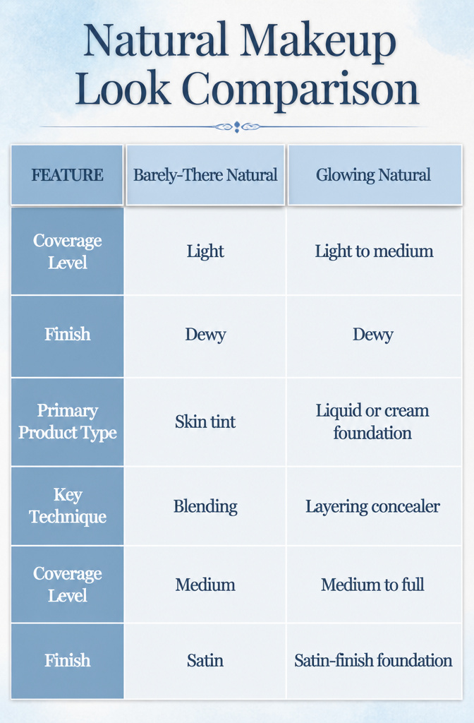 Natural Wedding Day Makeup: A 2026 Guide to Styles and Methods 12 Comparison chart of different natural makeup looks and techniques.
