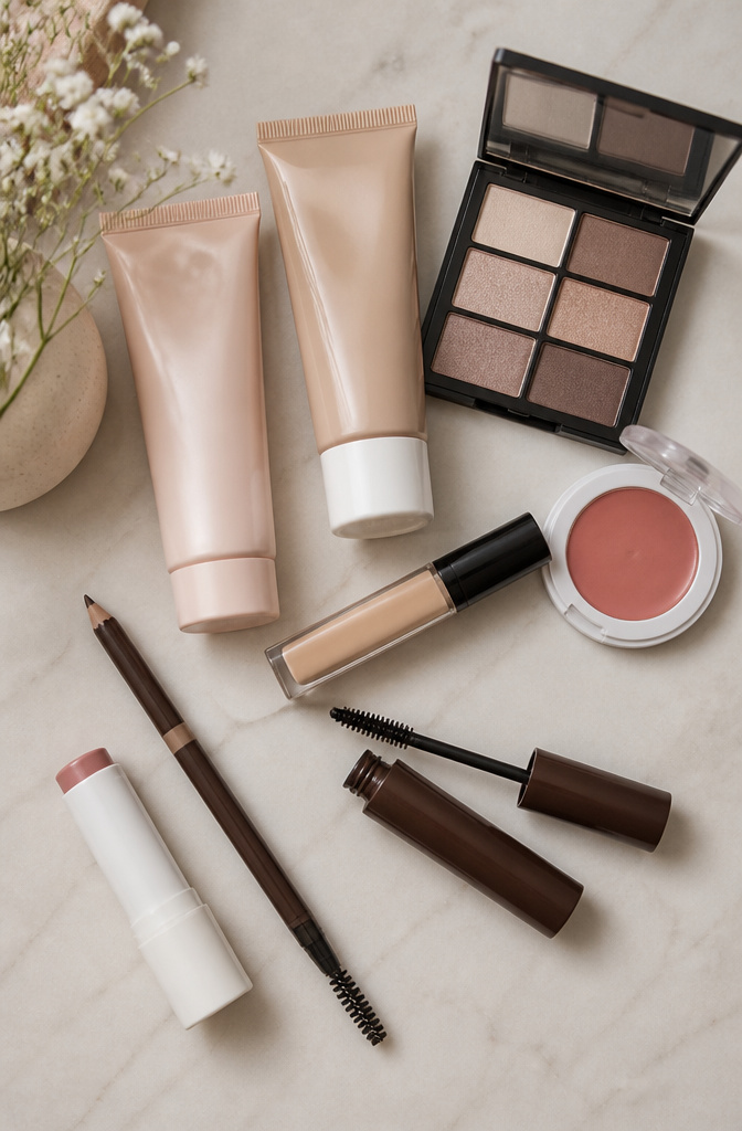 Natural Basic Makeup: A 10-Step Guide for 2026 12 Core makeup products for natural basic makeup on a countertop.