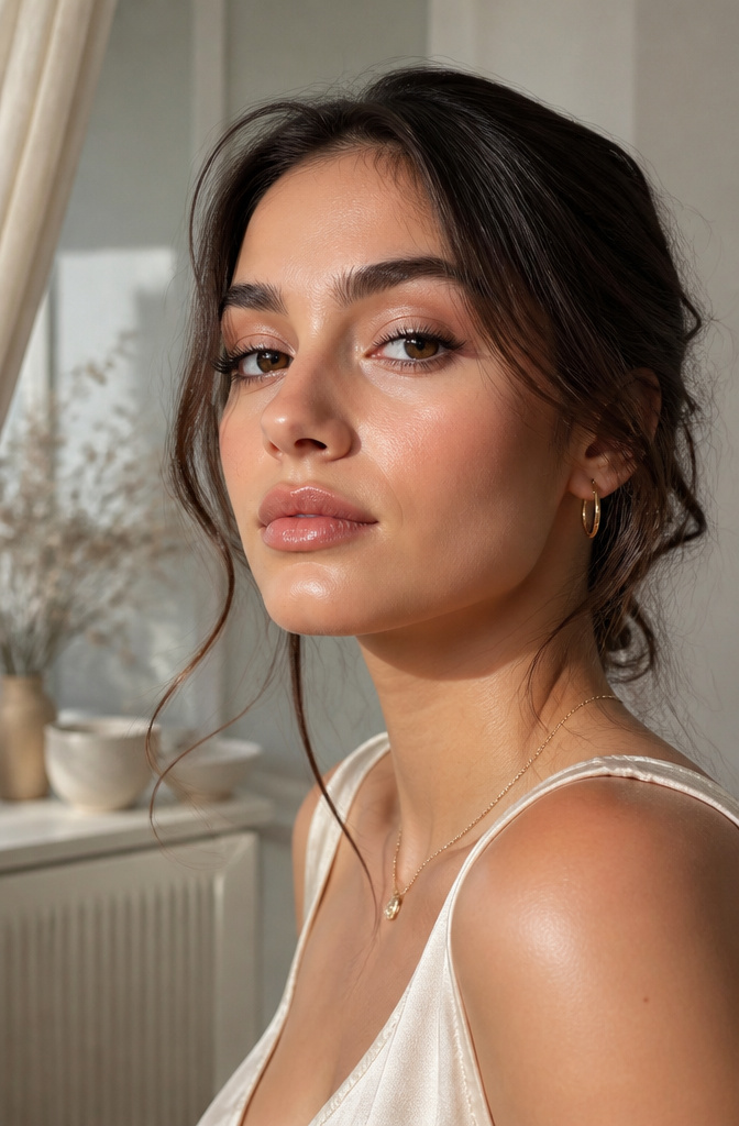 16 Cool Makeup Designs for 2026: From Ocean Eyes to Soft Glam 13 Model with soft glam makeup featuring satin cheeks and eyelids.