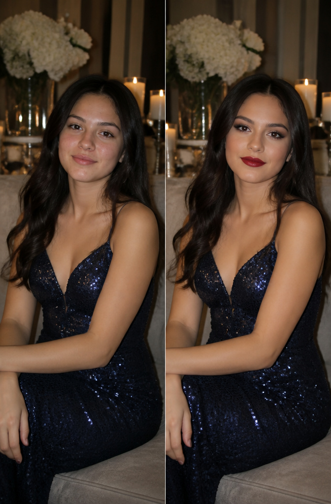 Unique Prom Makeup: 10 Looks for the Night, From Soft Glam to Vintage and Beyond 13 A model with matte makeup against a sequin backdrop.