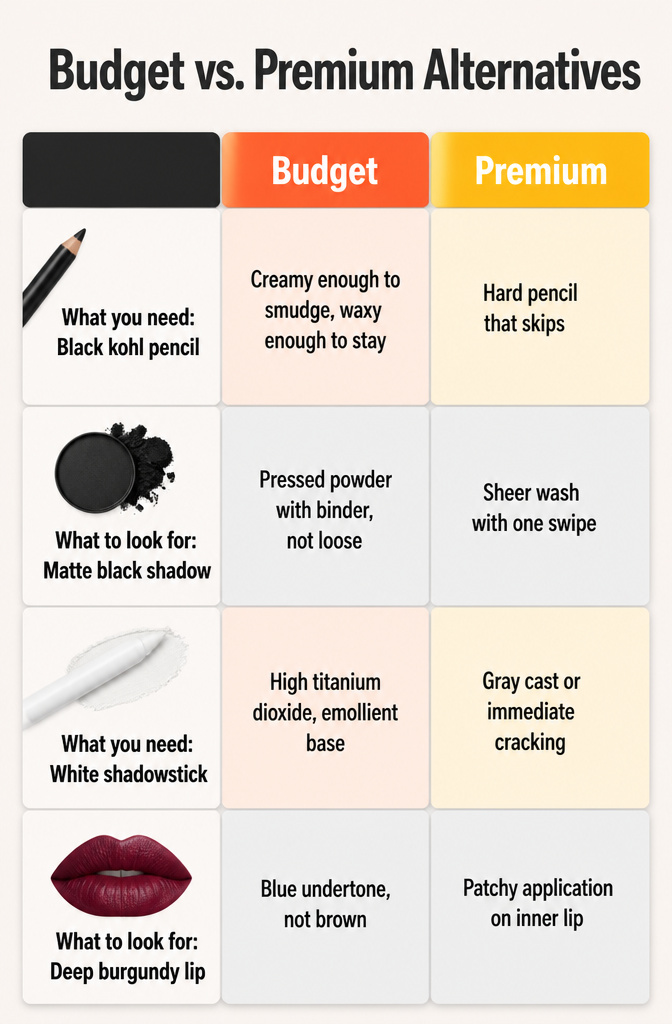 How to Do Easy Alt Makeup: 6 Steps for Alternative Looks in 2026 13 Comparison of budget and premium makeup products on a table.