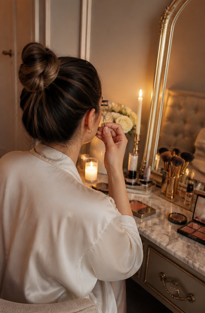 12 Hooded Eyes Makeup Styles That Keep Color Visible 13 Close-up of a model curling her eyelashes in a luxurious setting.