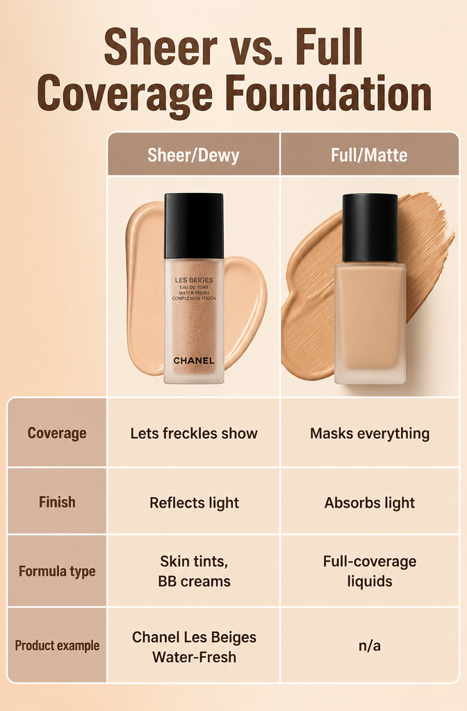 Natural Basic Makeup: A 10-Step Guide for 2026 13 Chart comparing sheer and full coverage foundation characteristics.