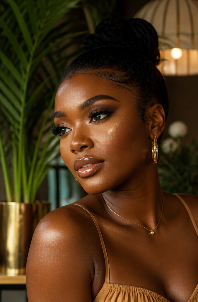 20 Black Makeup Looks for Every Mood and Moment 13 A model displaying glowing skin in a natural setting.