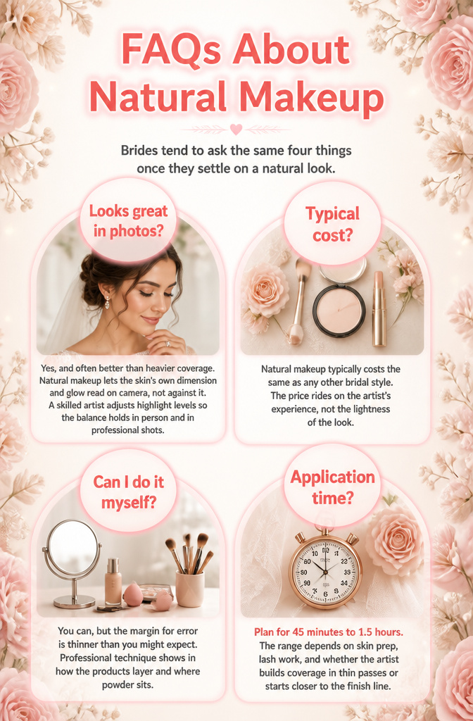 Natural Wedding Day Makeup: A 2026 Guide to Styles and Methods 13 FAQs about natural makeup for brides, including application time.