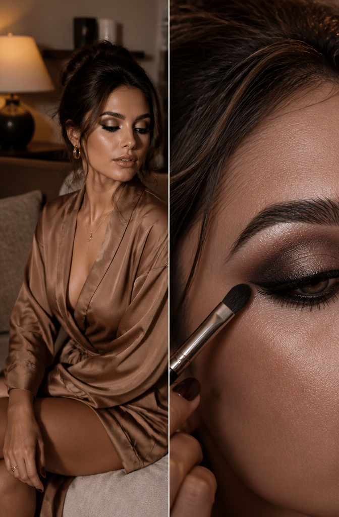 16 Cool Makeup Designs for 2026: From Ocean Eyes to Soft Glam 14 Model with a smokey eye technique using brown and gray eyeshadows.