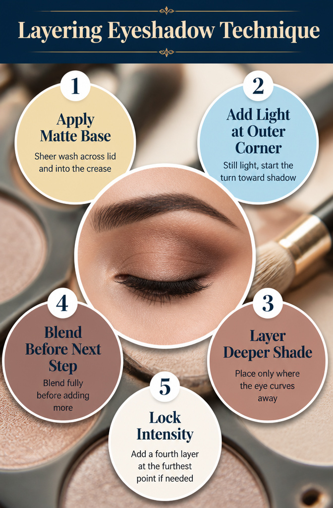 11 Fun Makeup Ideas for Brown Eyes in 2026 14 Information image on layering eyeshadow techniques.