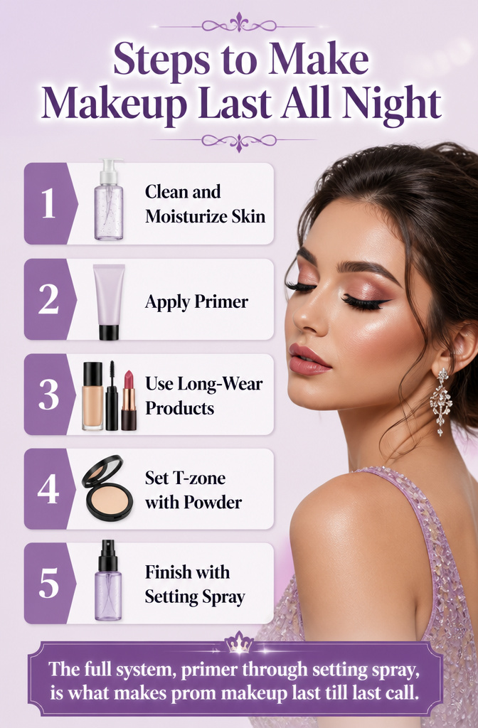 Unique Prom Makeup: 10 Looks for the Night, From Soft Glam to Vintage and Beyond 14 Steps illustrated for making makeup last all night.
