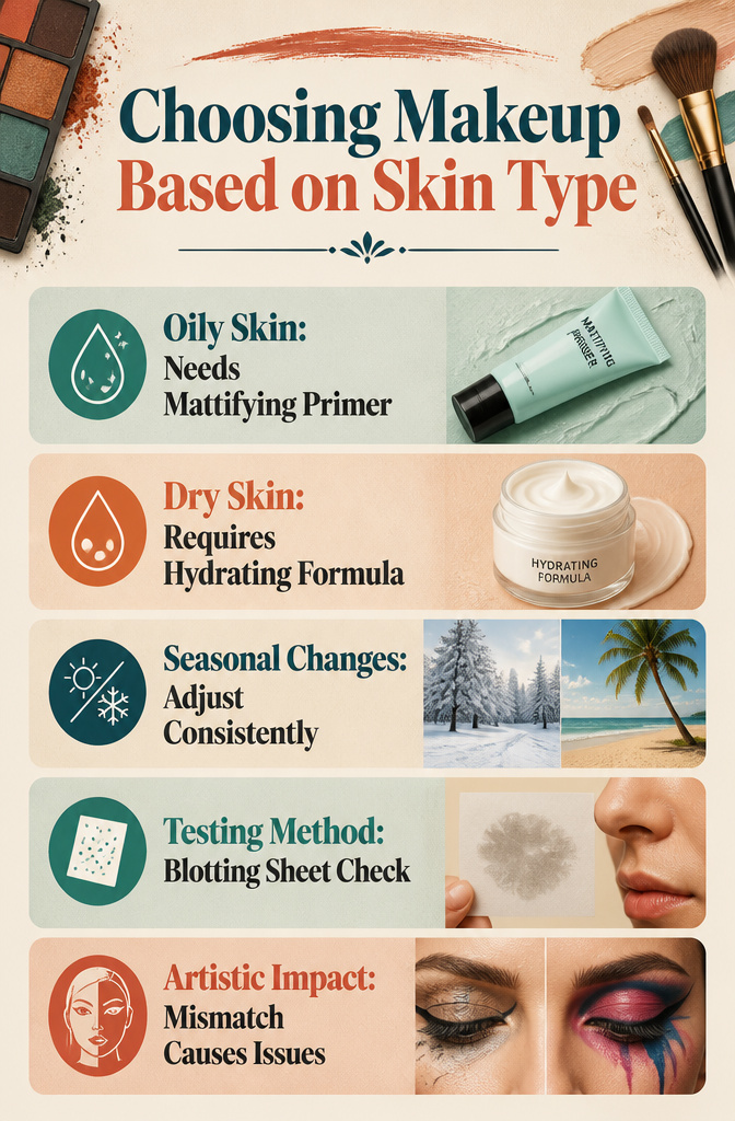 Artistic Make Up: A 10-Step Guide to Creative Application 14 Graphic on selecting makeup products according to skin type.