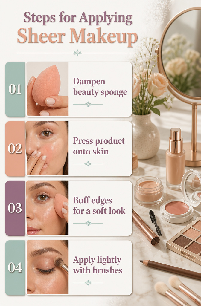 Natural Basic Makeup: A 10-Step Guide for 2026 14 Steps for applying sheer makeup with a beauty sponge.