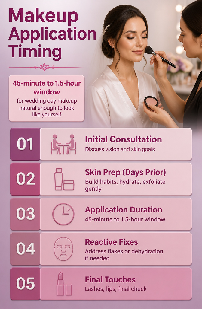 Natural Wedding Day Makeup: A 2026 Guide to Styles and Methods 14 Time management for makeup application on a wedding day.