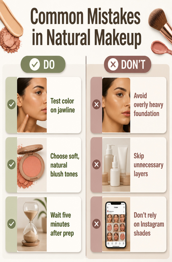 Natural Basic Makeup: A 10-Step Guide for 2026 15 Image showing common mistakes in natural makeup application.